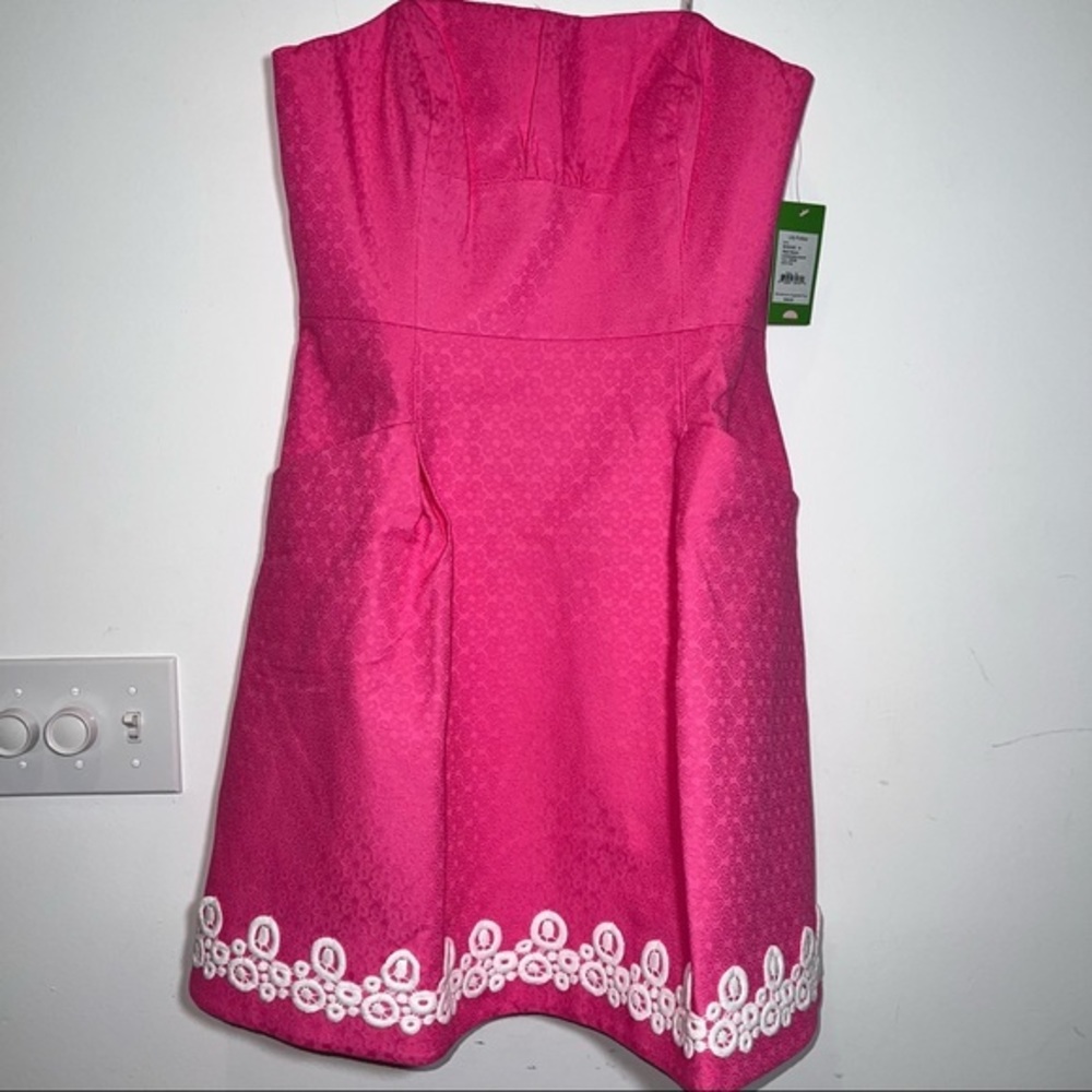 Lilly Pulitzer NWT Blossom Dress Hotty Pink Jaquard Embroidered Strapless Dress